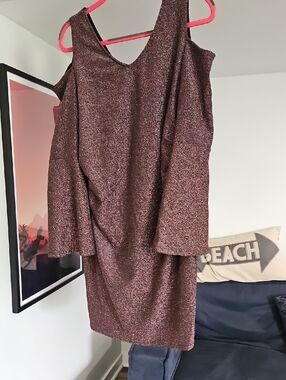 Women’s Maternity Sparkle Cold-Shoulder Dress in Metallic Pink Purple